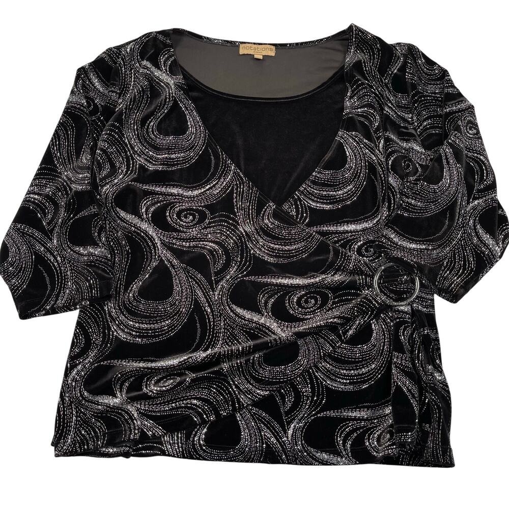 Notations Top Womens‎ 3X Black Velour Velvet Silver Glitter Faux Wrap Buckle
